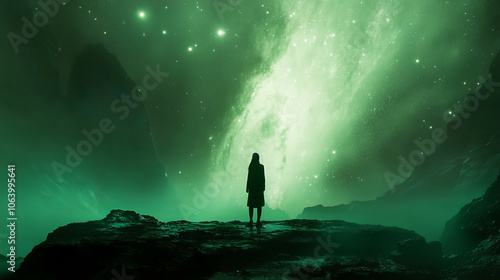 Solitary Figure, Green Nebula, Alien Landscape, Night Sky, 3D Render