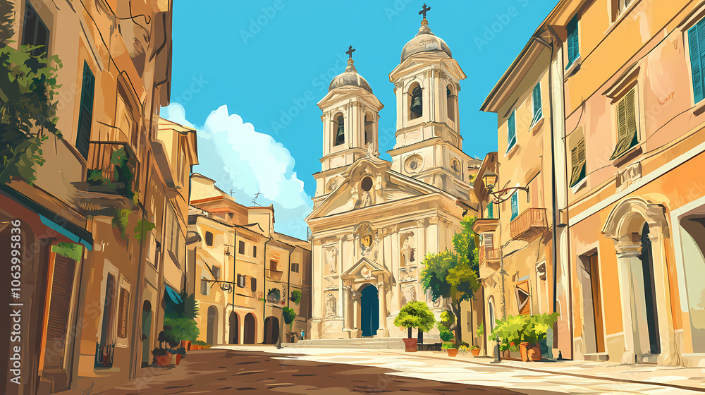 Fototapeta premium Historic baroque church facade with ornate stone carvings and bell towers overlooking tranquil cobblestone piazza in charming italian town. Italian Renaissance Piazza. Illustration