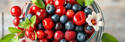 A vibrant still life arrangement of colorful mixed berries including cranberries, cherries, blueberries, and raspberries arranged in a glass jar, fruit, stilllife photo