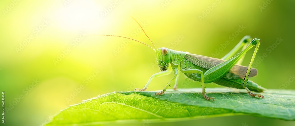 A green grasshopper sitting on top of a green leaf A green grasshopper sitting on top of a green leaf