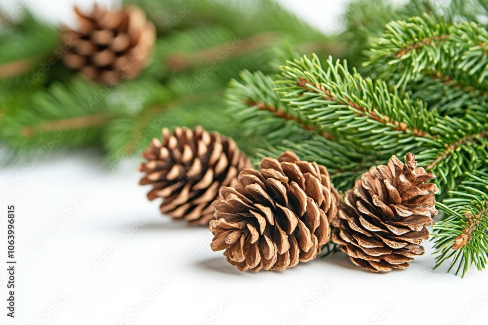 green christmas tree branch with cones, on white background, Season greetings concept green christmas tree branch with cones, on white background, Season greetings concept