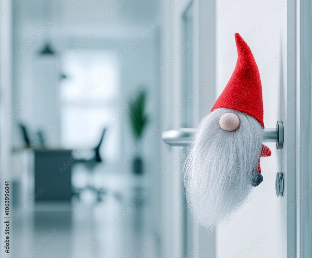 Fototapeta premium a Christmas gnome is on the door handle of a modern office space. Season greetings concept