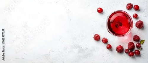 A glass of red wine surrounded by raspberries on a white surface