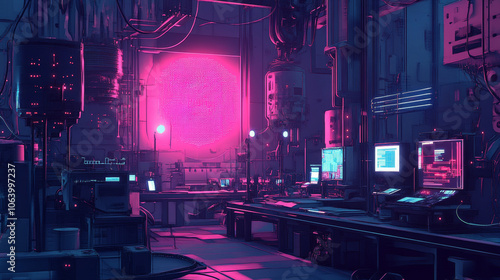 Neon Quantum Dot Factory: Futuristic Tech, Pink and Blue Digital Display