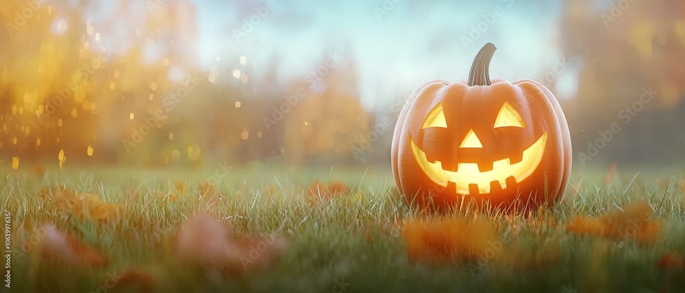 Naklejka premium A jack-o-lantern sitting in the middle of a grassy field