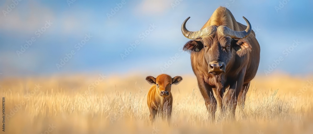 A buffalo and a calf standing in a field of tall grass A buffalo and a calf standing in a field of tall grass