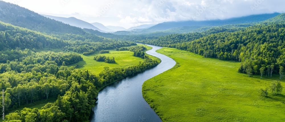 A river running through a lush green valley surrounded by trees A river running through a lush green valley surrounded by trees