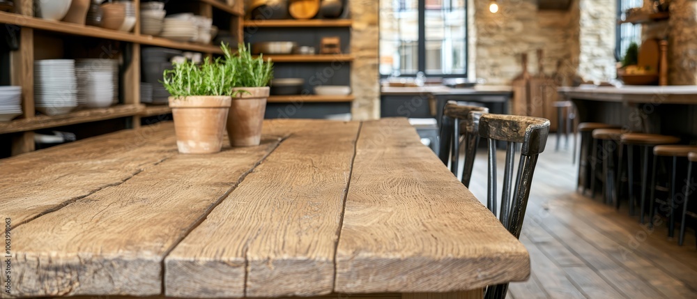 A wooden table with a potted plant on top of it A wooden table with a potted plant on top of it