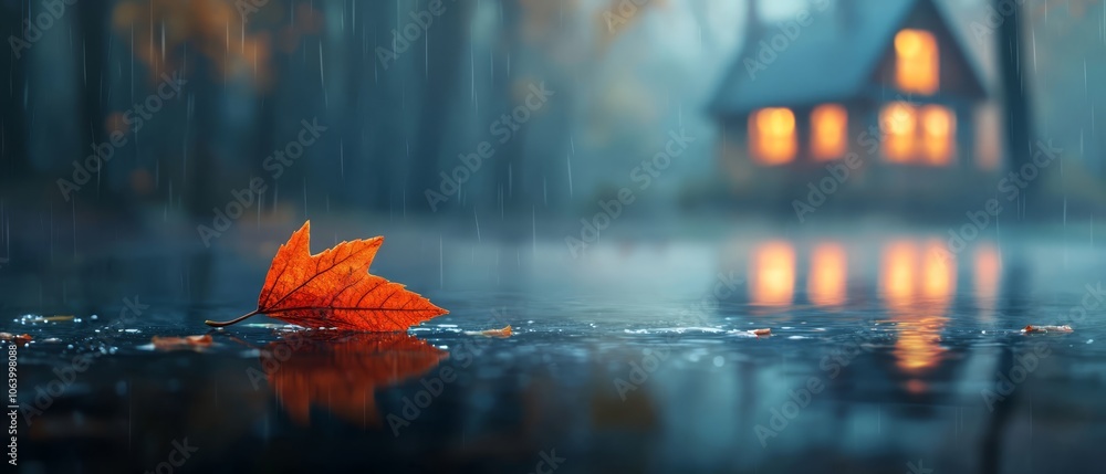 A single red leaf floating in the rain in front of a house A single red leaf floating in the rain in front of a house