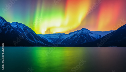 Stunning winter landscape: the night sky with the northern lights reflected in the water of a mountain lake. Night winter landscape with aurora. Borealis. photo