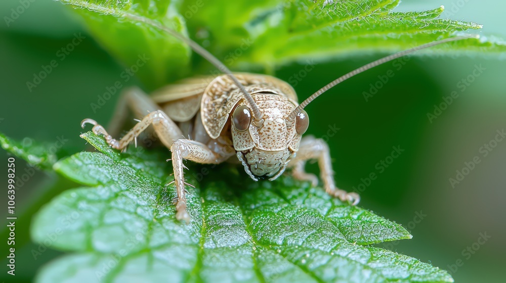 Naklejka premium Close-up of a cricket on a leaf in a vibrant green garden setting