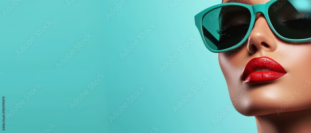 A woman wearing a pair of sunglasses and red lipstick A woman wearing a pair of sunglasses and red lipstick