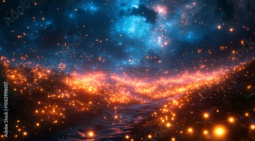 Ethereal Dance of Glowing Fireflies in Starry Fantasy Night