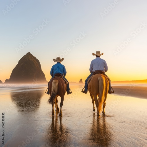 Two cowboys ride horses on a beach at sunset with a large rock formation in the background.