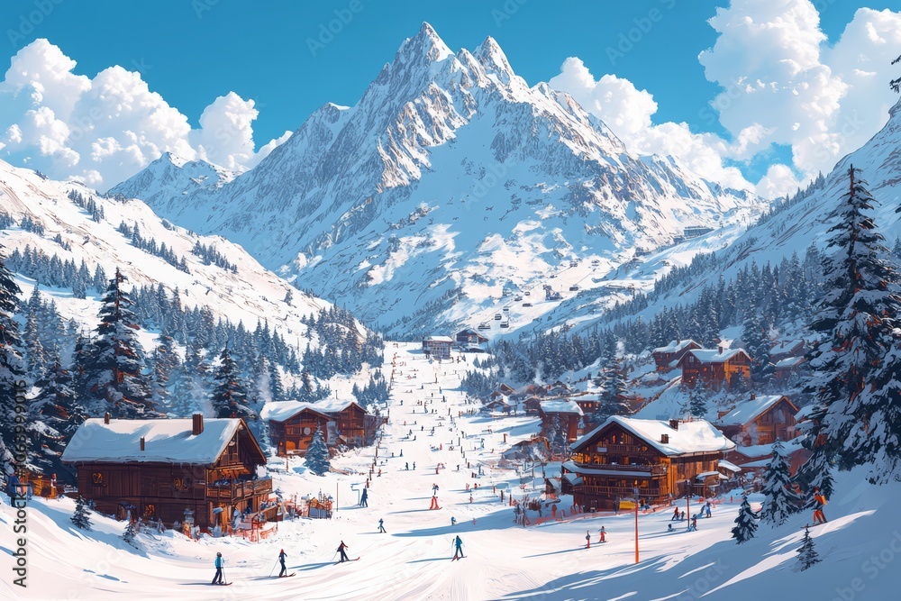 Fototapeta premium Winter vacation at a ski resort, AI generated