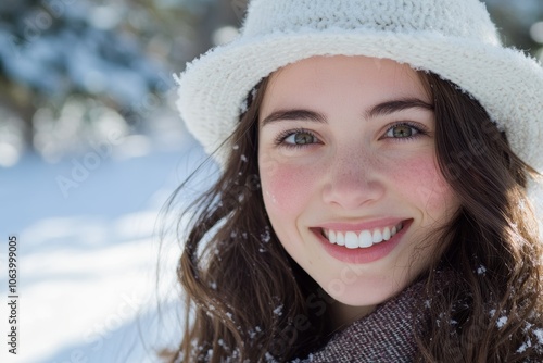 Happy Young Woman Smiling in Winter Wonderland Generative AI