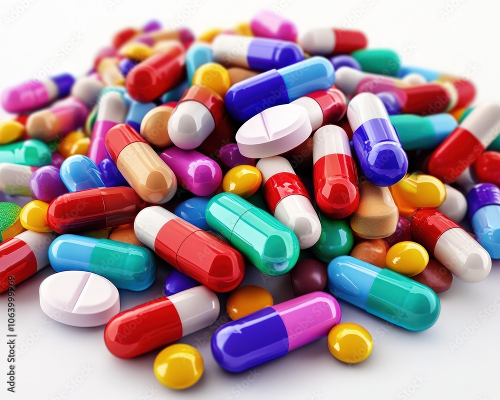 Heap colorful pills and capsules on white background for healthcare design Heap colorful pills and capsules on white background for healthcare design