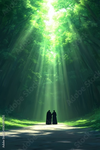 Two figures walk through a sunlit forest path.