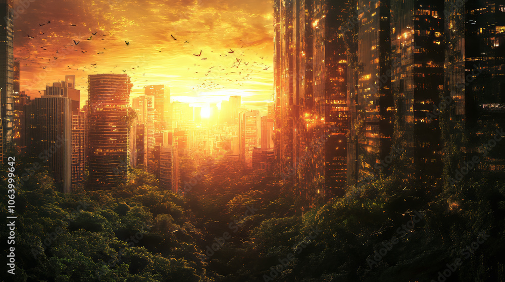 Naklejka premium Sunset City Biosphere: Urban Jungle at Golden Hour