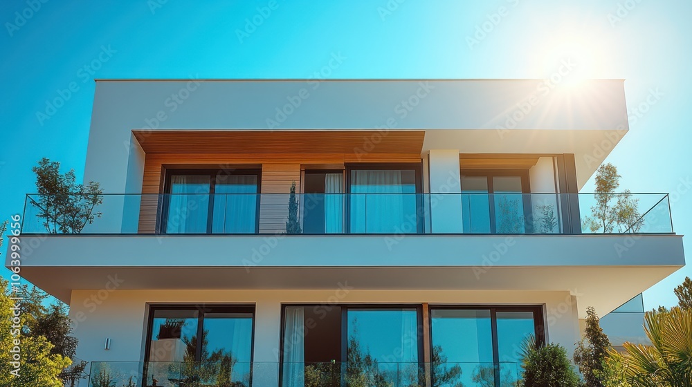 Modern house with large windows and sunlit balcony in a clear blue sky. Modern house with large windows and sunlit balcony in a clear blue sky.