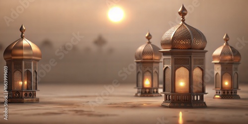 Traditional islamic lanterns emit a warm glow on a serene evening, symbolizing the holy months of ramadan and eid celebrations, including the feast of sacrifice, eid aladha photo