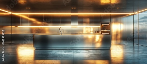 Modern kitchen with sleek stainless steel surfaces and ambient lighting.