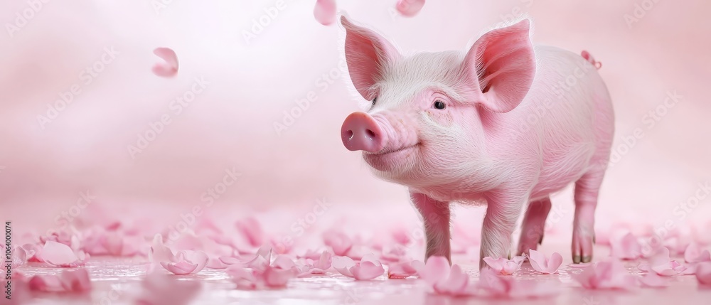 A small pink pig standing in a field of pink petals A small pink pig standing in a field of pink petals