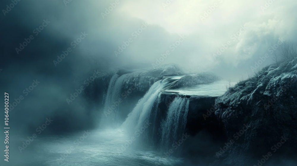 Fototapeta premium Ethereal Waterfall: Misty Mountain Stream, Serene Landscape, Dreamlike Scene
