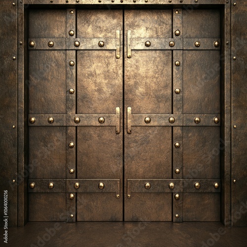 Two large, heavy, weathered, metal doors with gold accents and rivets.