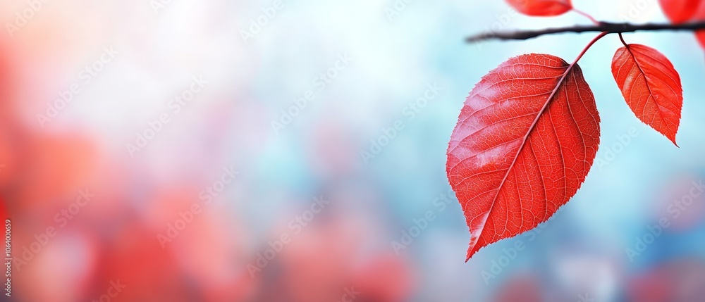 A red leaf on a tree branch with a blurry background A red leaf on a tree branch with a blurry background