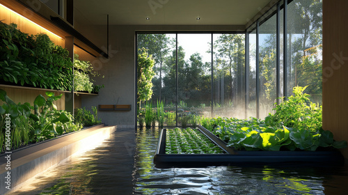 Modern Aquaponics Home System: Leafy Greens, Water Feature, Interior Design