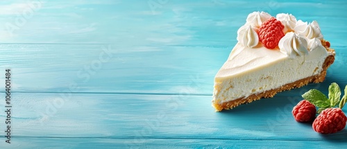A slice of cheesecake with whipped cream and raspberries on a blue table