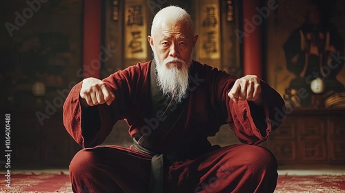 An elderly man with long white hair and a beard is seated in a traditional pose, showcasing a sense of wisdom and discipline. He wears a deep red robe, which contrasts with his dark inner clothing. Hi photo