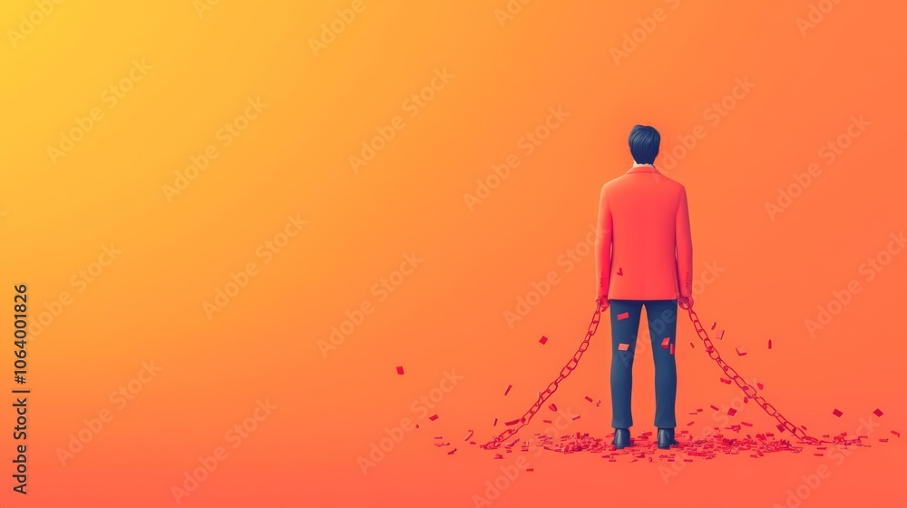 Obraz premium A solitary figure stands against a vibrant orange backdrop, symbolizing liberation and emotional release.