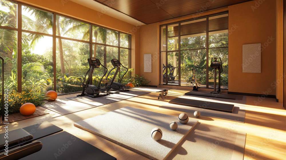 Fototapeta premium Luxury Resort Gym: Tranquil Fitness Studio with Tropical Views