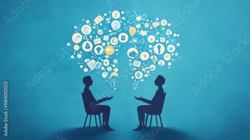 Two individuals engage in a thoughtful conversation, sharing ideas and insights, represented by colorful thought bubbles above them.