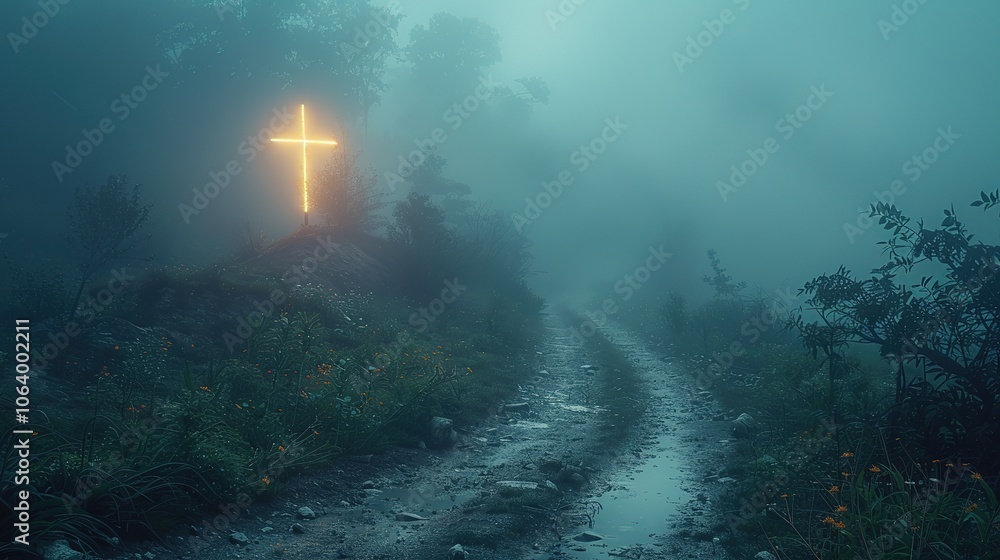 a long winding road to a cross that glows in the distance a long winding road to a cross that glows in the distance