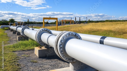 Industrial Pipeline Network in Rural Landscape under Blue Sky and Clouds