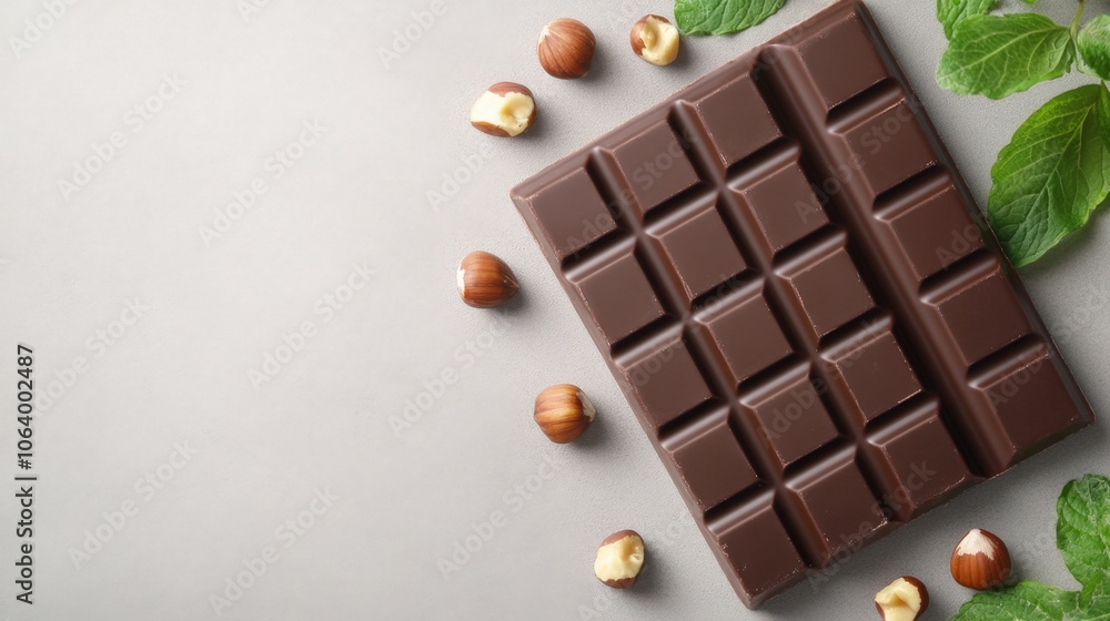 Fototapeta premium Delicious chocolate bar with hazelnuts and fresh mint leaves on gray background