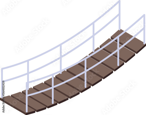 Small wooden curved footbridge with metal railing spanning a gap, isometric view