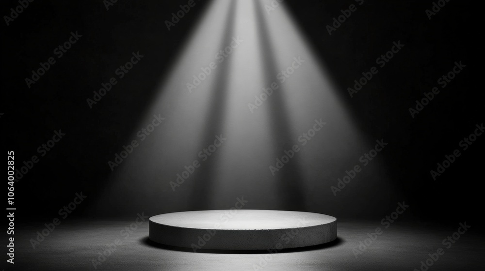 A minimalistic spotlight illuminates a circular podium against a dark background, ideal for showcasing products or presentations in marketing materials, advertisements, or creative projects, A minimalistic spotlight illuminates a circular podium against a dark background, ideal for showcasing products or presentations in marketing materials, advertisements, or creative projects,