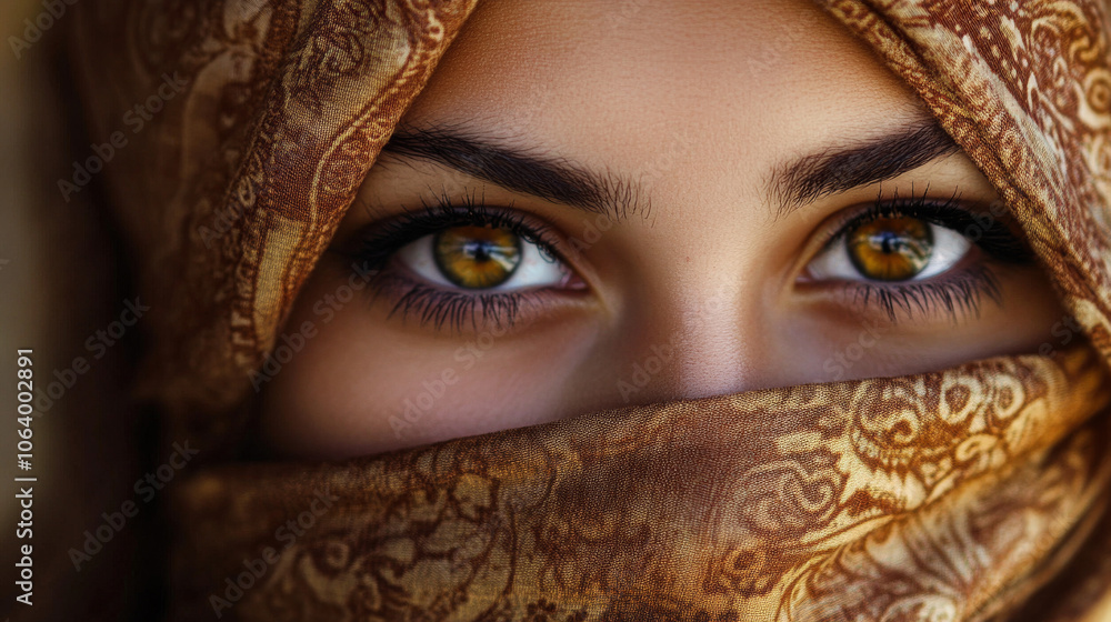 Mysterious Brown Eyes: Close-up Portrait of a Woman in a Headscarf Mysterious Brown Eyes: Close-up Portrait of a Woman in a Headscarf