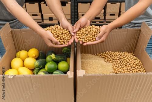 Smiling Volunteers Prepare Food for Charity Drive at Food Bank: Humanitarian Aid from Charitable Foundation photo