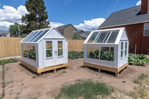 Two white wooden greenhouses with glass roofs in a backyard garden. photo