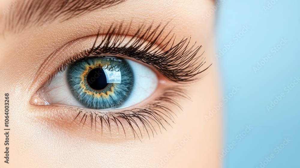 Captivating close-up of a woman's eye showcasing striking blue iris and long, delicate eyelashes Captivating close-up of a woman's eye showcasing striking blue iris and long, delicate eyelashes