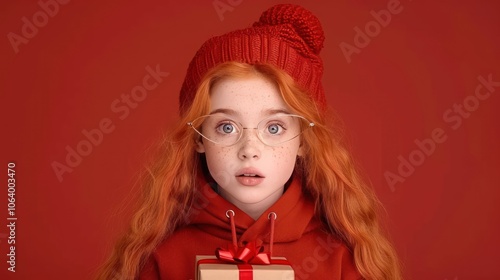 Cheerful Redhead Celebrating New Year with Gift Box and Christmas Glasses on Red Background