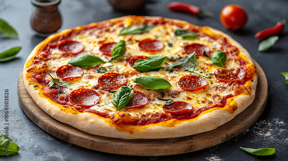 delicious pepperoni pizza with basil and cheese on wooden board delicious pepperoni pizza with basil and cheese on wooden board