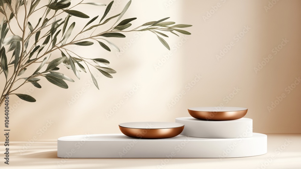 A minimalist composition featuring two elegant bowls atop white pedestals, complemented by soft shadows and green foliage, Ideal for showcasing modern decor, product photography A minimalist composition featuring two elegant bowls atop white pedestals, complemented by soft shadows and green foliage, Ideal for showcasing modern decor, product photography