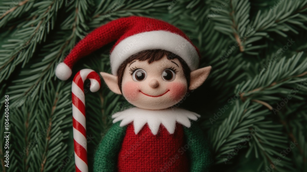 Festive christmas elf with candy cane surrounded by pine branches Festive christmas elf with candy cane surrounded by pine branches