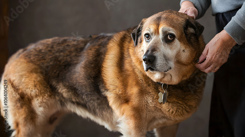 Portrait of overweight pet dog standing next to his owner. Focus on pet obesity and maintaining health photo